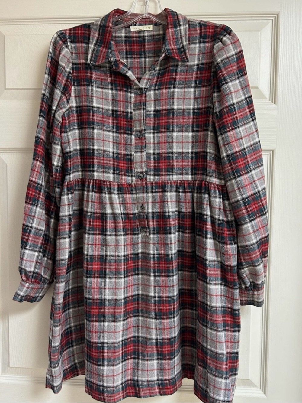 Copper Key Gray and Red Plaid Button-Front Tiered Dress